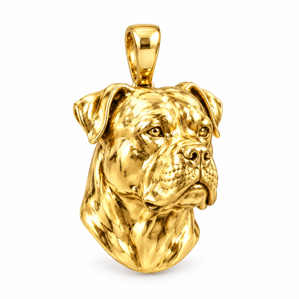American Bulldog high-polish yellow gold dog pendant, design render on white; pendant only.