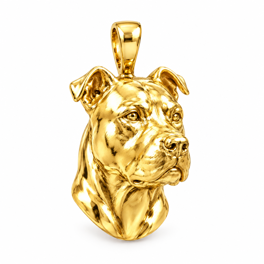 American Pit Bull Terrier high-polish yellow gold dog pendant, design render on white; pendant only.