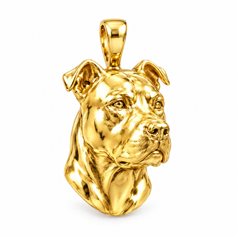 American Pit Bull Terrier high-polish yellow gold dog pendant, design render on white; pendant only.
