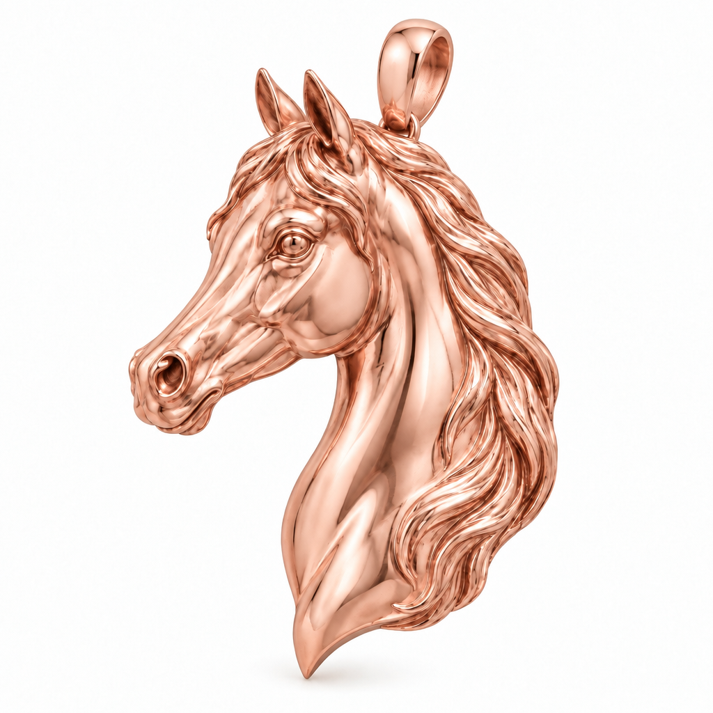 Arabian horse portrait pendant design render in high-polish rose gold on white; pendant only.