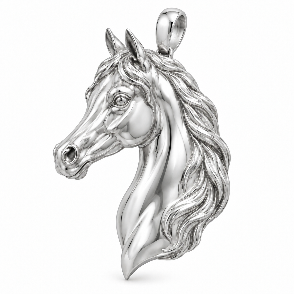 Arabian horse portrait pendant design render in high-polish white gold on white; pendant only.