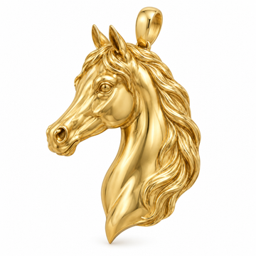 Arabian horse head-and-neck pendant design render in polished yellow gold; pendant only.