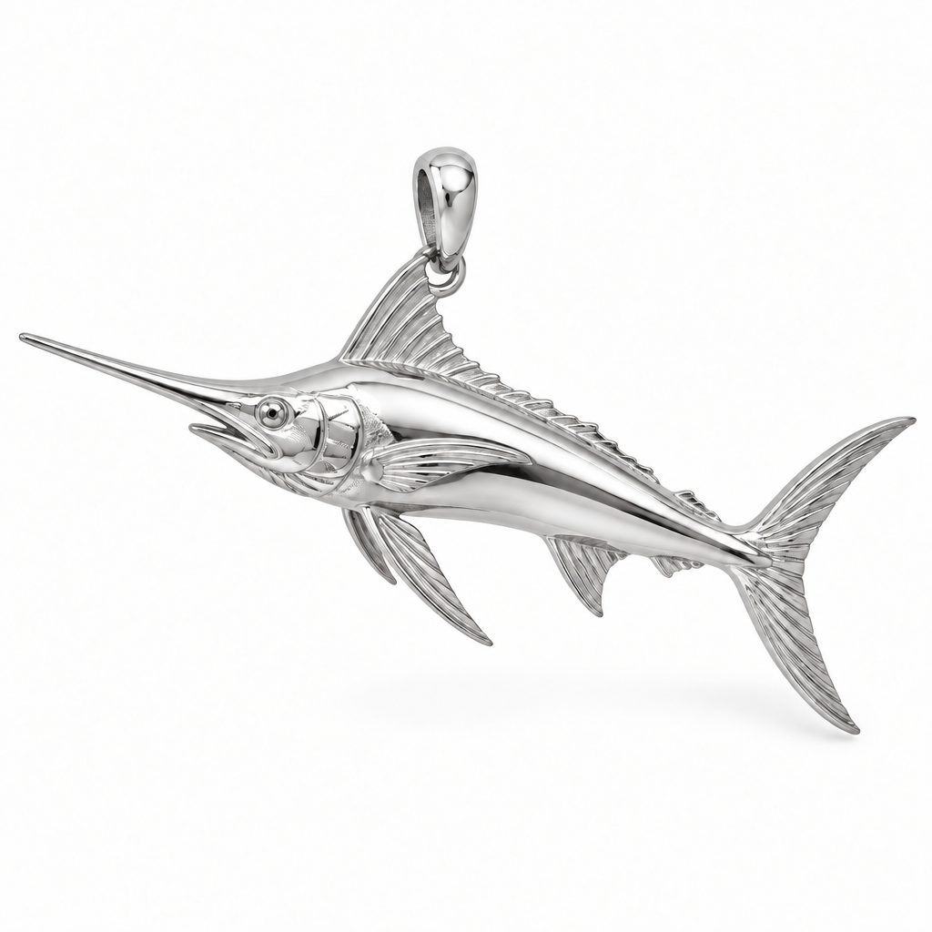 Atlantic blue marlin pendant design render in high-polish white gold on white; pendant only.