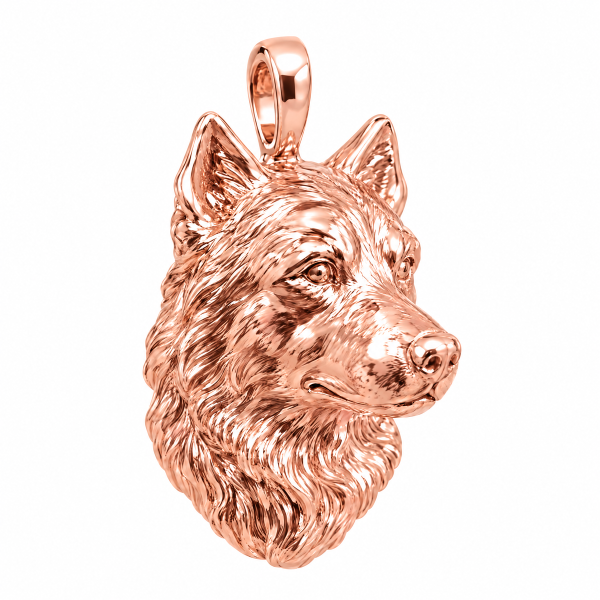 Australian Shepherd high-polish rose gold dog pendant, product render on white.