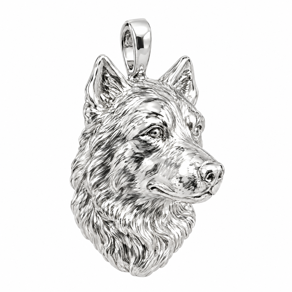Australian Shepherd high-polish white gold dog pendant, product render on white.