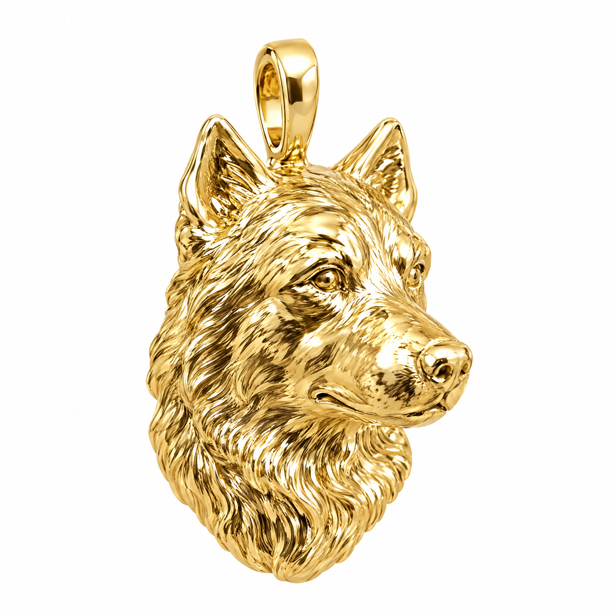 Australian Shepherd high-polish yellow gold dog pendant, product render on white.