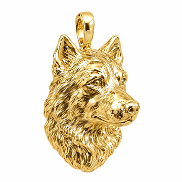 Australian Shepherd high-polish yellow gold dog pendant, product render on white.