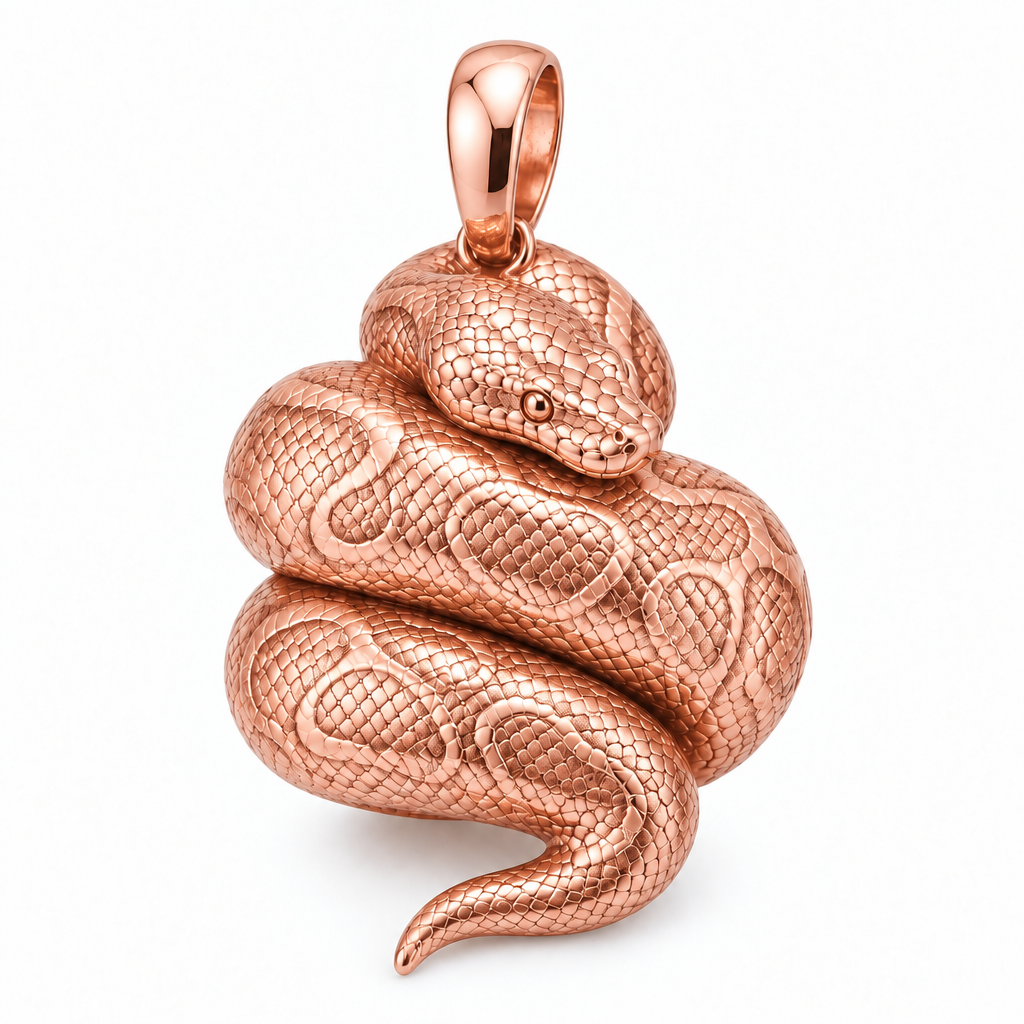 Ball python pendant design render in high-polish rose gold on white; pendant only.