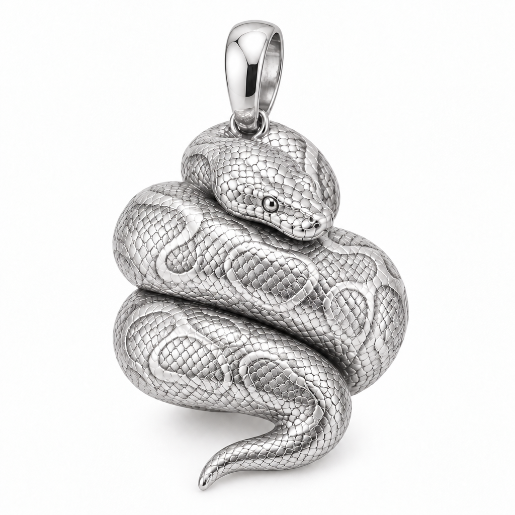 Ball python pendant design render in high-polish white gold on white; pendant only.