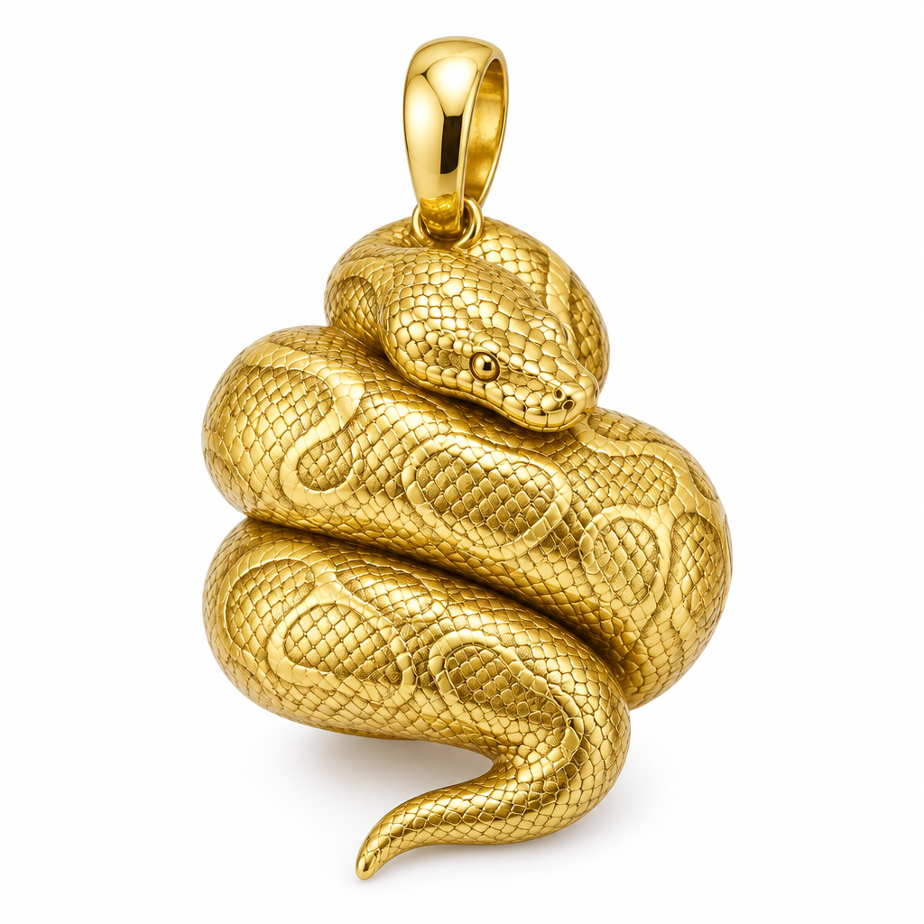Ball python pendant design render in polished yellow gold; pendant only.