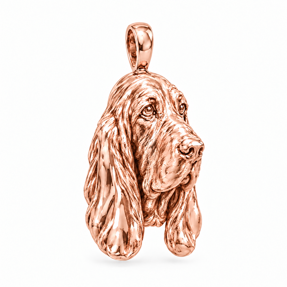 Basset Hound high-polish rose gold dog pendant, design render on white; chain not included.