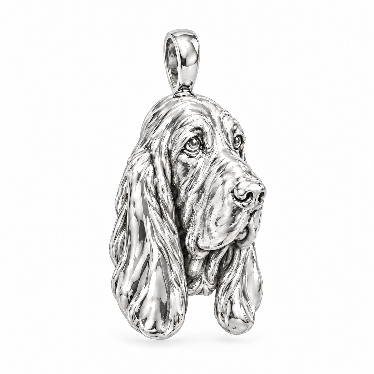 Basset Hound high-polish white gold dog pendant, design render on white; chain not included.