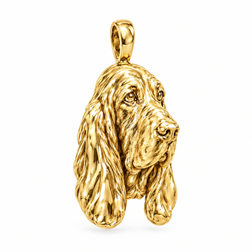 Basset Hound high-polish yellow gold dog pendant, design render on white; chain not included.