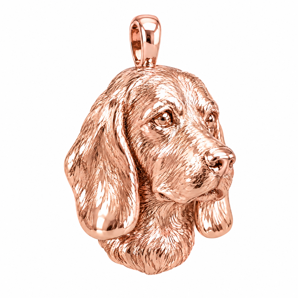 Beagle high-polish rose gold dog pendant, product render on white.