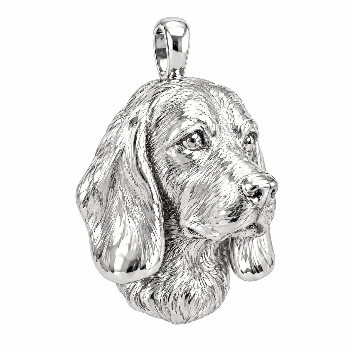 Beagle high-polish white gold dog pendant, product render on white.
