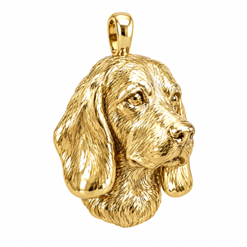 Beagle high-polish yellow gold dog pendant, product render on white.