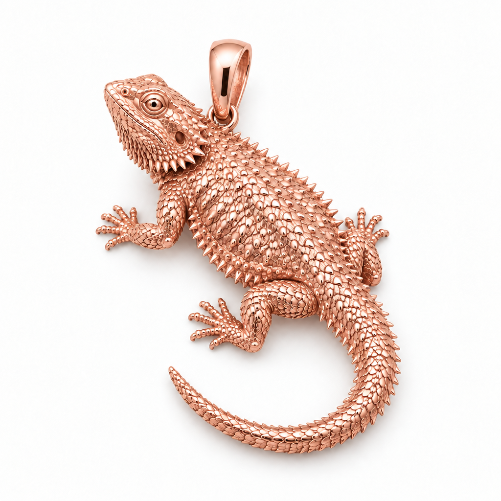 Central bearded dragon pendant design render in high-polish rose gold on white; pendant only.