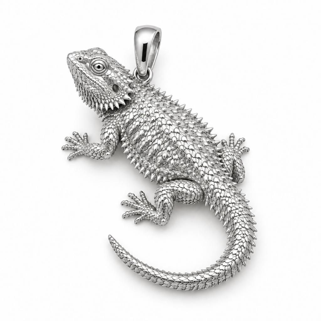 Central bearded dragon pendant design render in high-polish white gold on white; pendant only.
