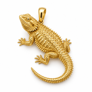 Central bearded dragon pendant design render in polished yellow gold; pendant only.