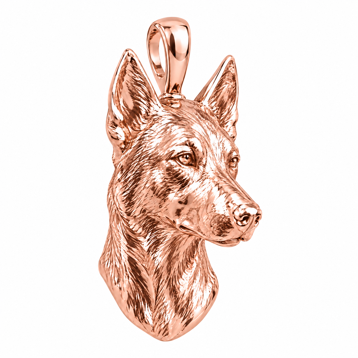 Belgian Malinois high-polish rose gold dog pendant, product render on white.