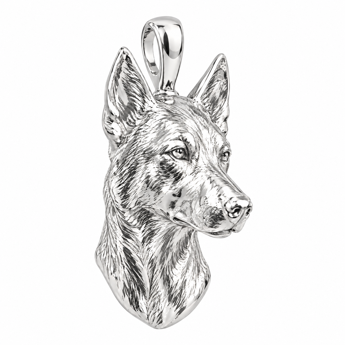 Belgian Malinois high-polish white gold dog pendant, product render on white.