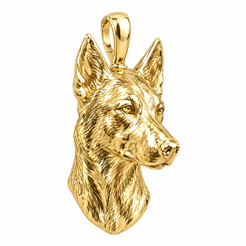 Belgian Malinois high-polish yellow gold dog pendant, product render on white.