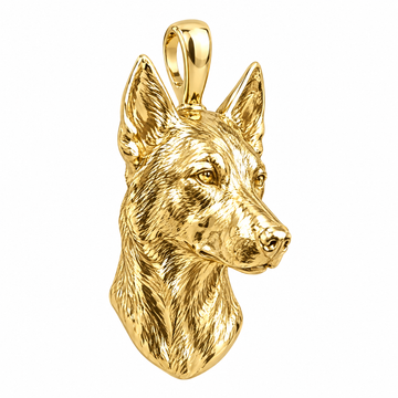 Belgian Malinois high-polish yellow gold dog pendant, product render on white.