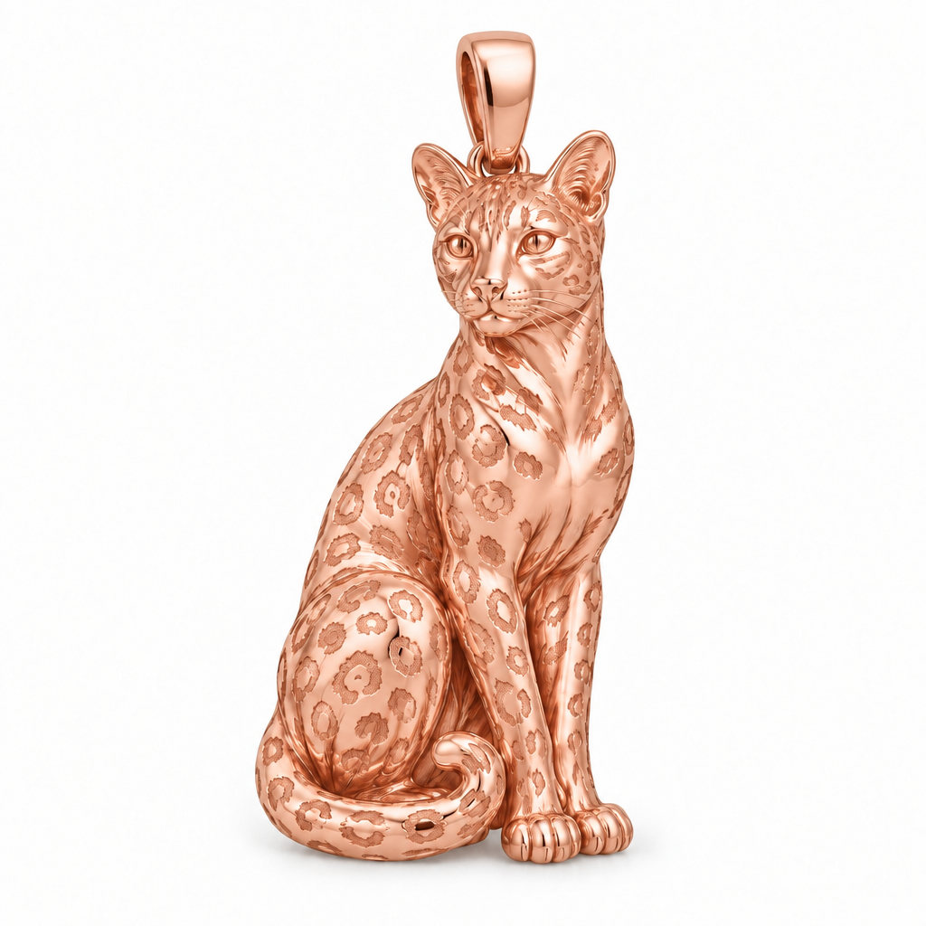 Bengal cat pendant design render in high-polish rose gold on white; pendant only.
