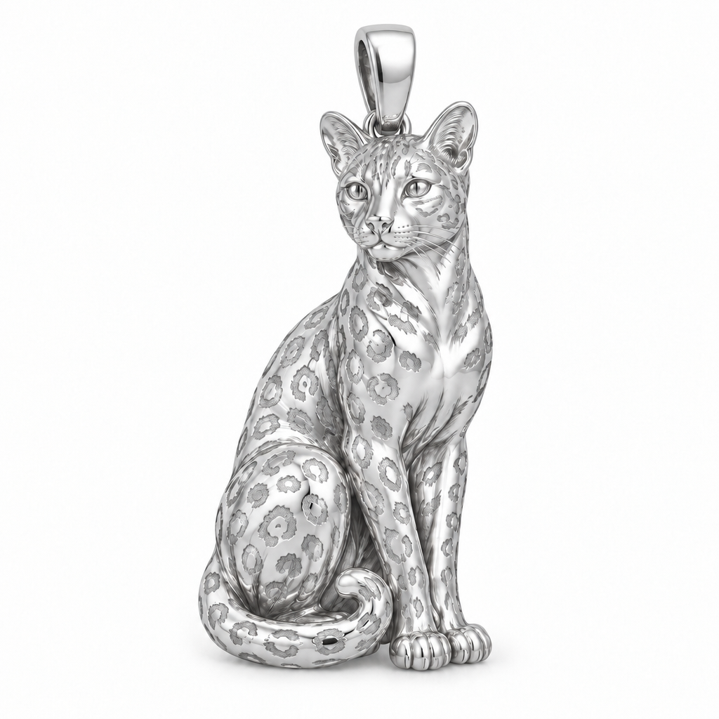 Bengal cat pendant design render in high-polish white gold on white; pendant only.