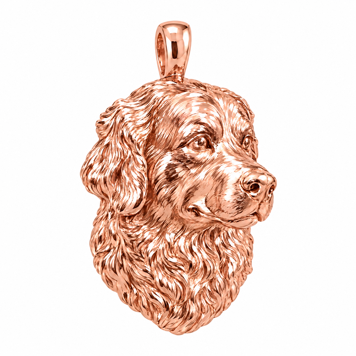 Bernese Mountain Dog high-polish rose gold pendant, product render on white.