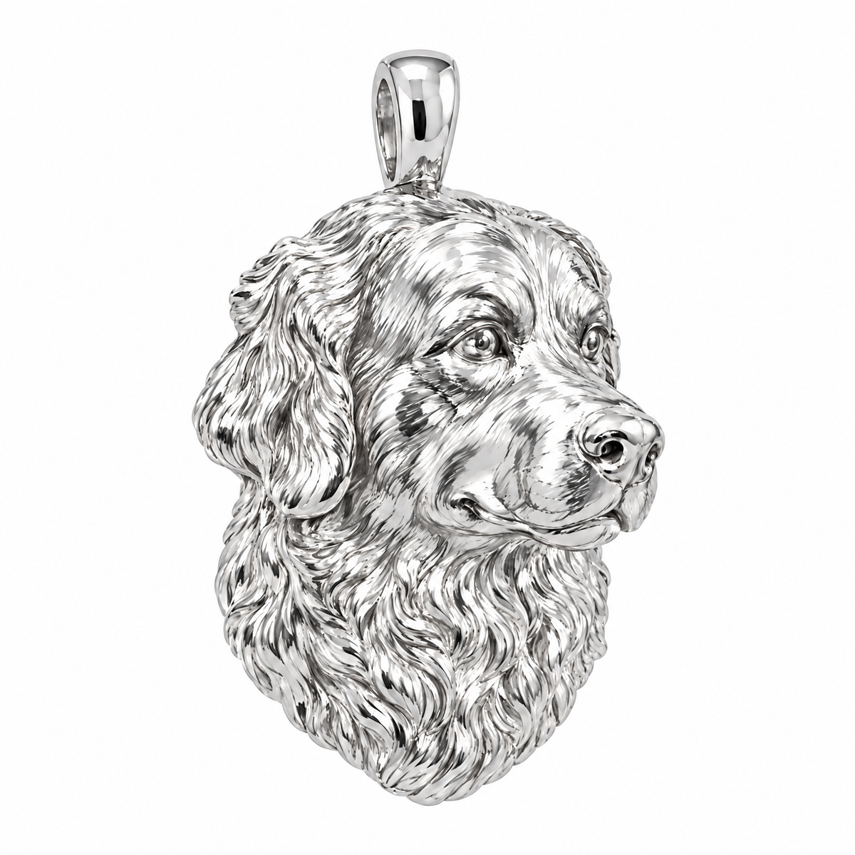 Bernese Mountain Dog high-polish white gold pendant, product render on white.