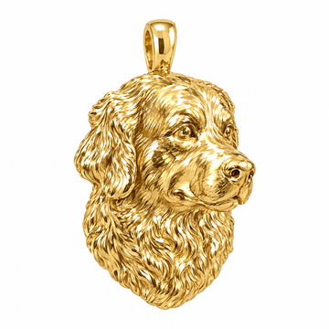 Bernese Mountain Dog high-polish yellow gold pendant, product render on white.