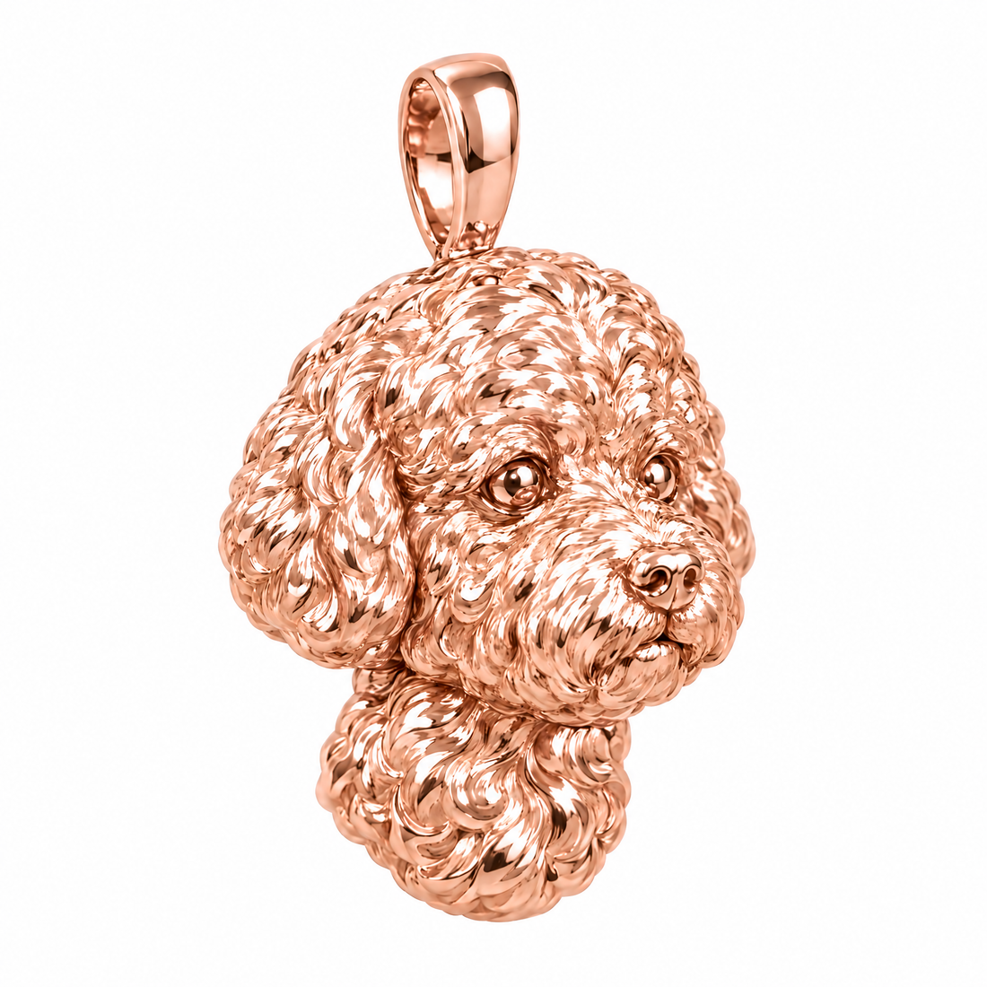 Bichon Frise high-polish rose gold dog pendant, product render on white.