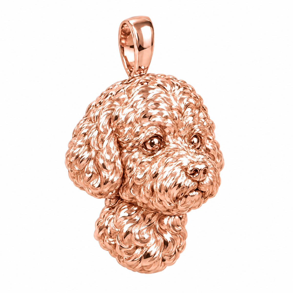 Bichon Frise high-polish rose gold dog pendant, product render on white.