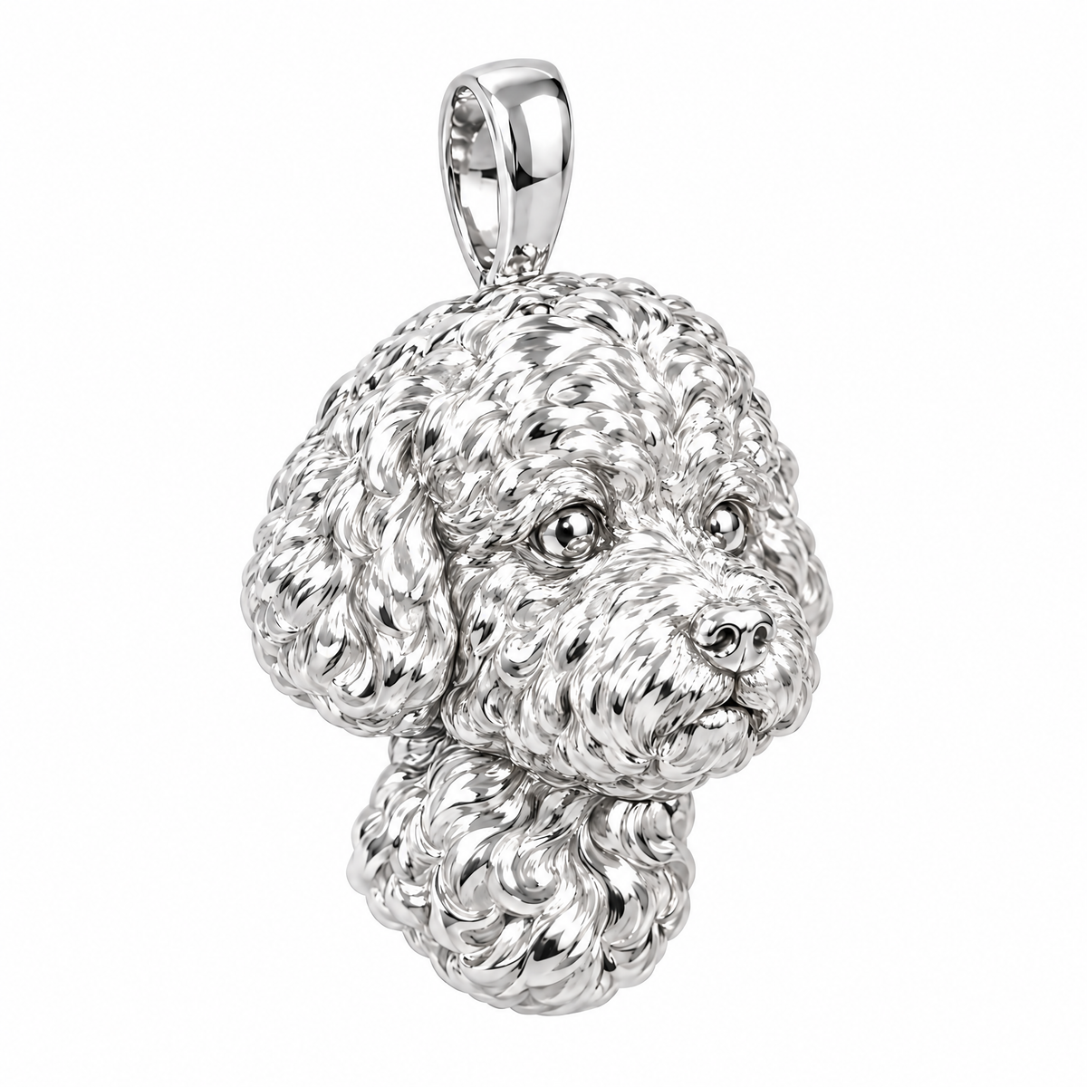 Bichon Frise high-polish white gold dog pendant, product render on white.