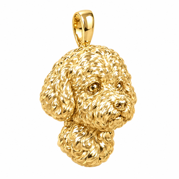 Bichon Frise high-polish yellow gold dog pendant, product render on white.