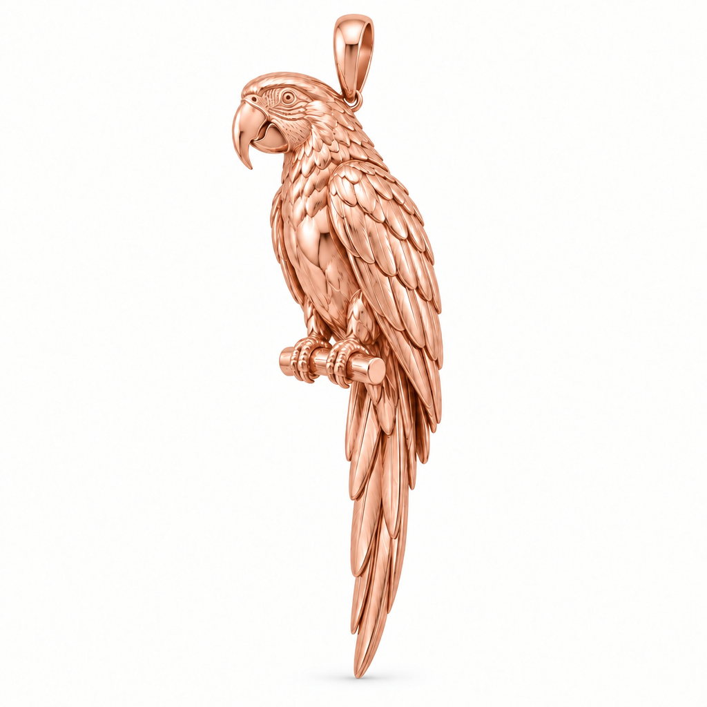 Blue-and-gold macaw species pendant design render in high-polish rose gold on white; pendant only.