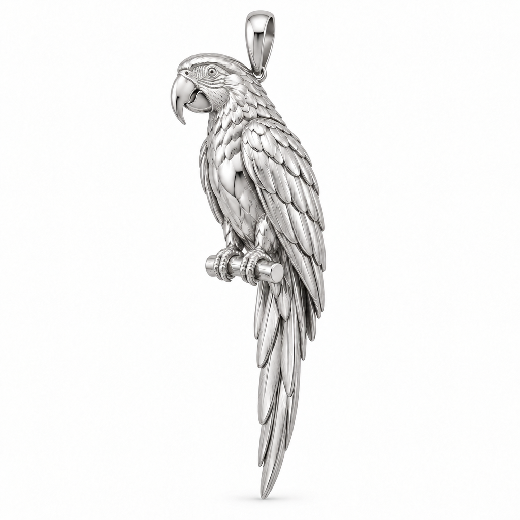 Blue-and-gold macaw species pendant design render in high-polish white gold on white; pendant only.