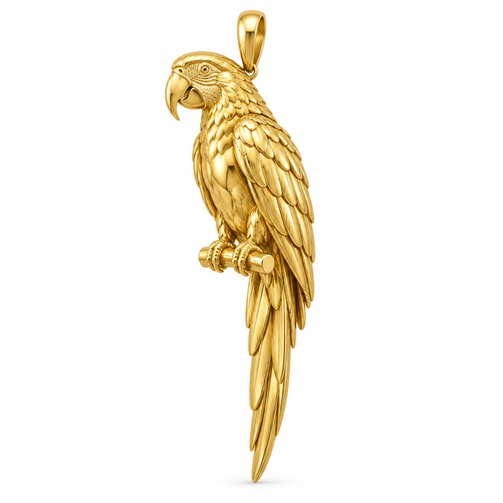 Blue-and-gold macaw species pendant design render entirely in polished yellow gold; pendant only.