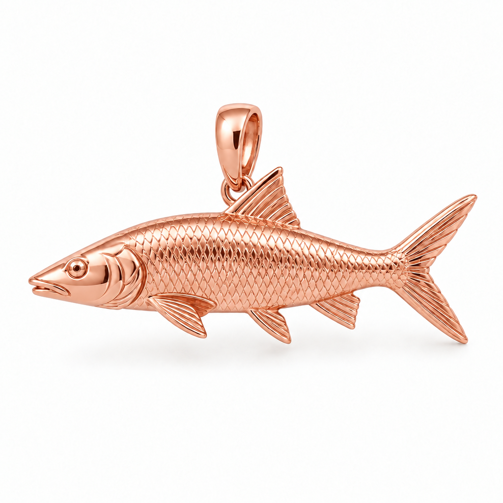 Bonefish pendant design render in high-polish rose gold on white; pendant only.