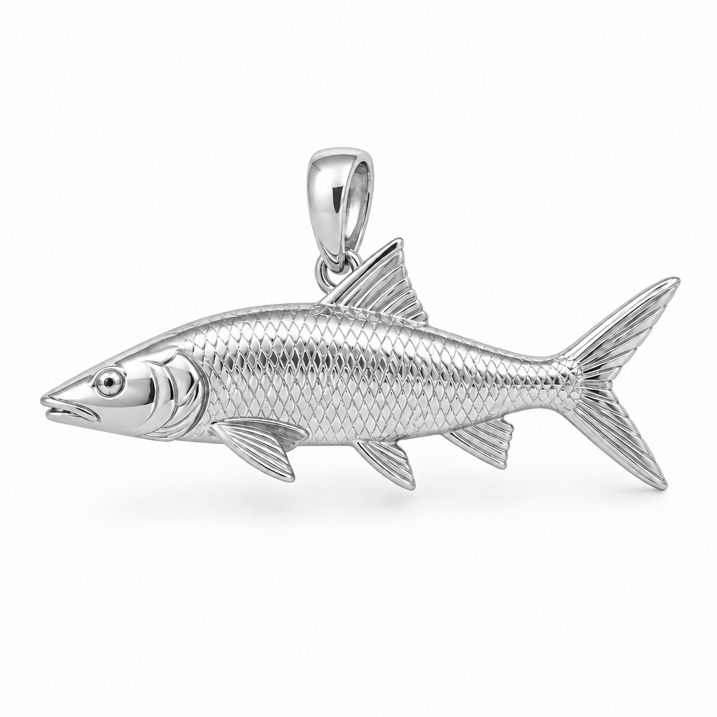Bonefish pendant design render in high-polish white gold on white; pendant only.