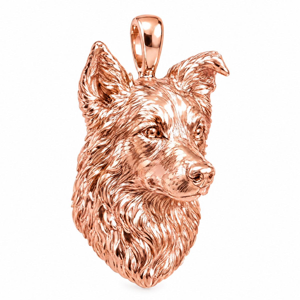 Border Collie high-polish rose gold dog pendant, product render on white.