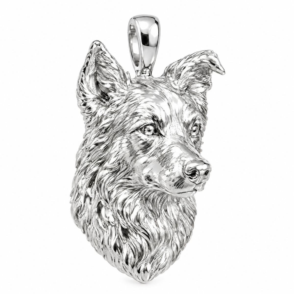 Border Collie high-polish white gold dog pendant, product render on white.
