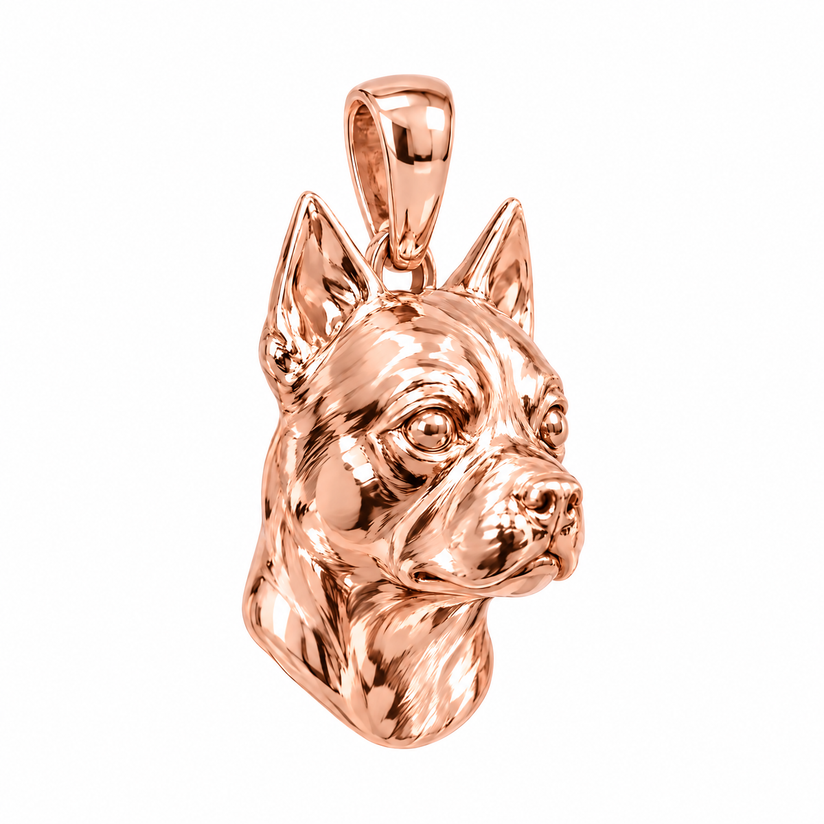 Boston Terrier high-polish rose gold dog pendant, product render on white.