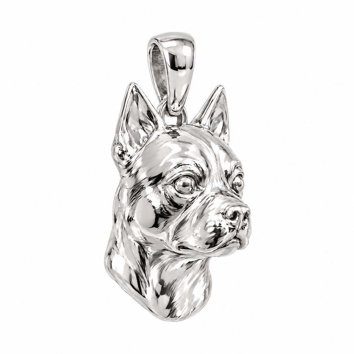 Boston Terrier high-polish white gold dog pendant, product render on white.
