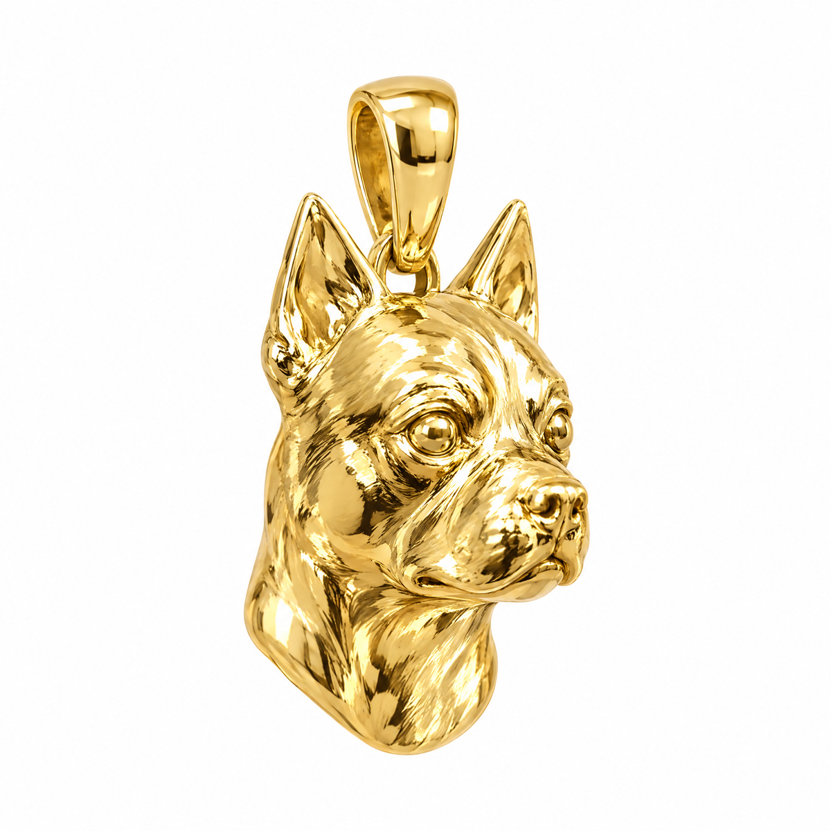Boston Terrier high-polish yellow gold dog pendant, product render on white.