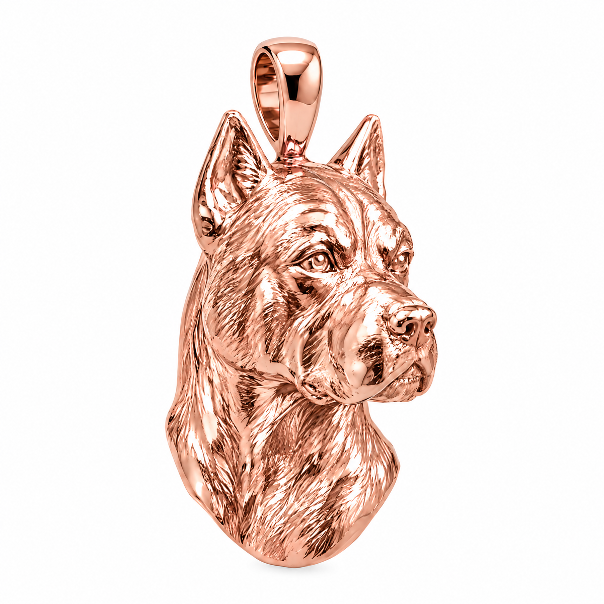 Boxer high-polish rose gold dog pendant, product render on white.