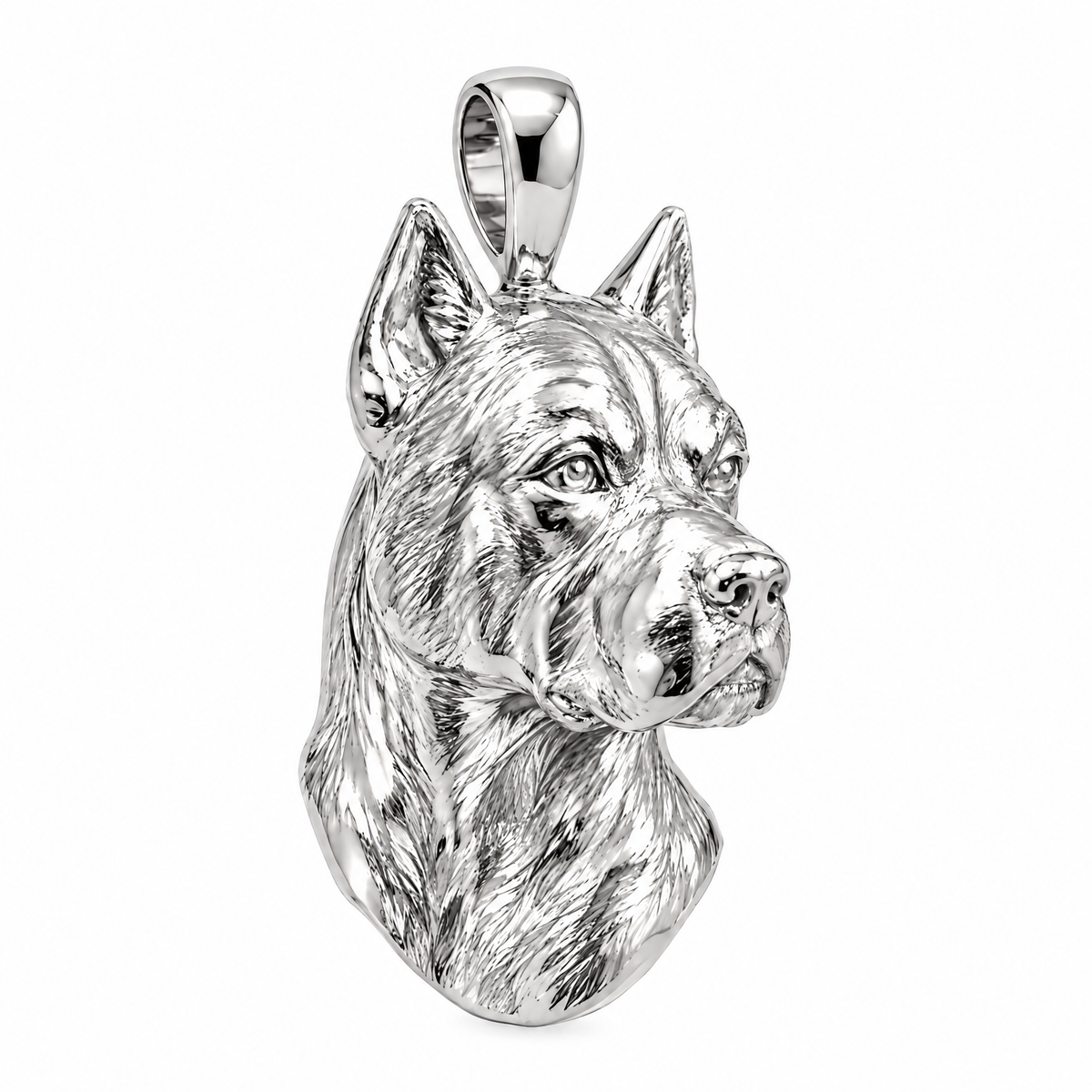 Boxer high-polish white gold dog pendant, product render on white.