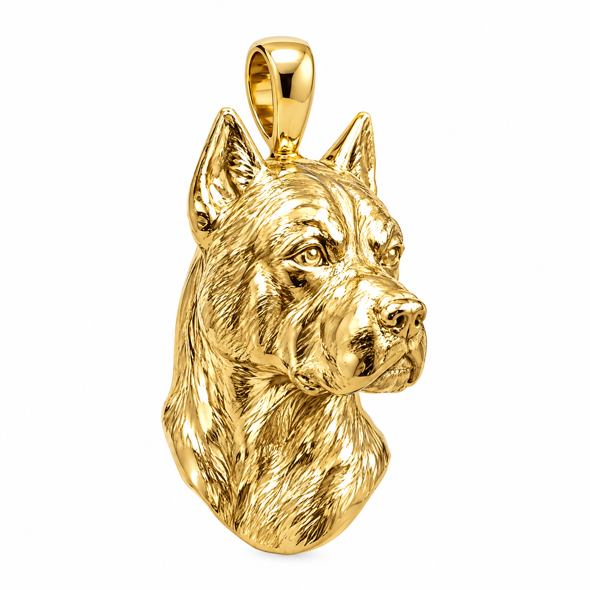 Boxer high-polish yellow gold dog pendant, product render on white.