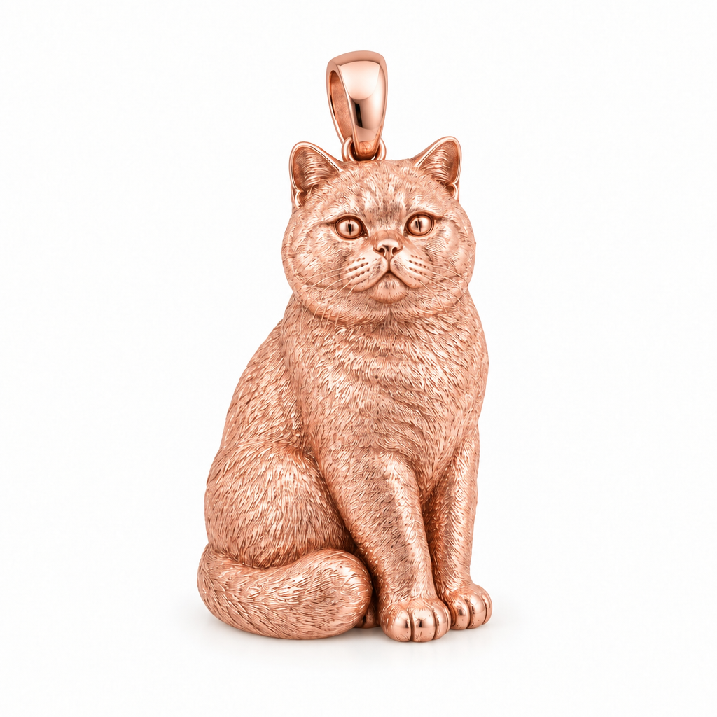 British shorthair cat pendant design render in high-polish rose gold on white; pendant only.